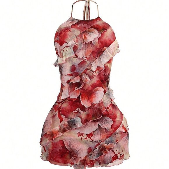 Red Women's Halter Neck Backless Strap Suspenders Hip Ruffle Mini Dress - Picture 4 of 9